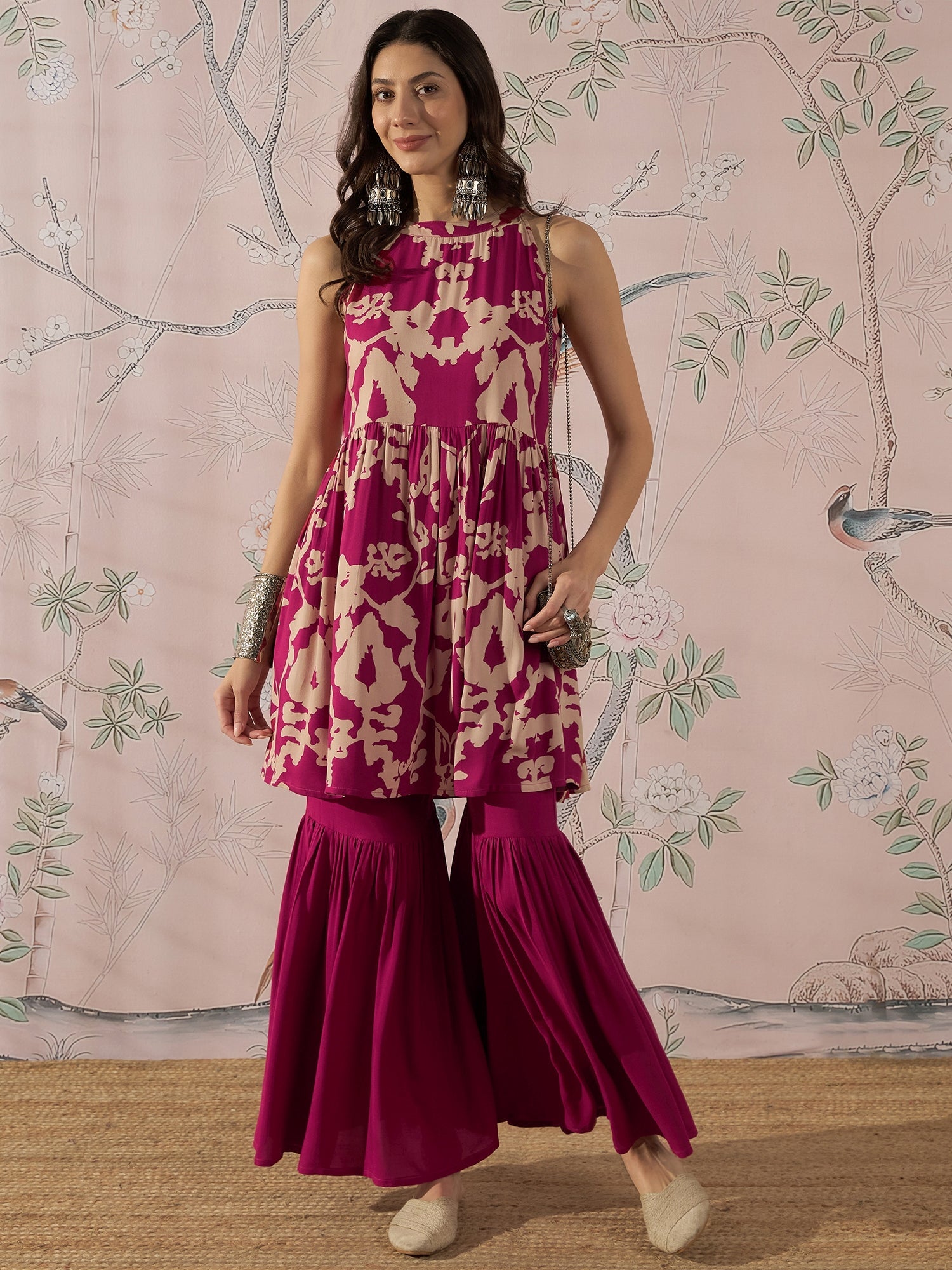 InWeave Jam Pink Beige Halter Kurta Sharara Set - Distacart