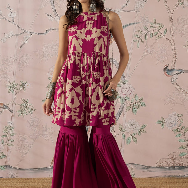 InWeave Jam Pink Beige Halter Kurta Sharara Set - Distacart