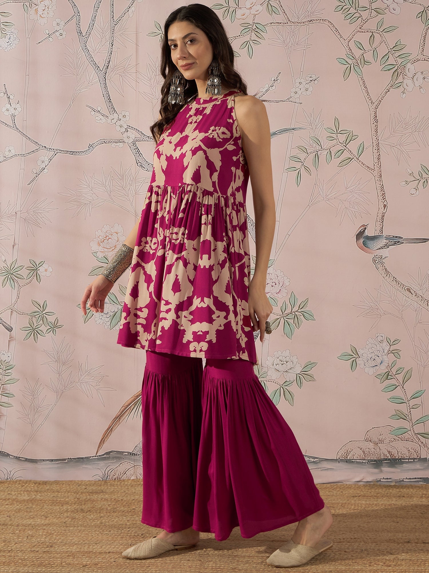 InWeave Jam Pink Beige Halter Kurta Sharara Set - Distacart