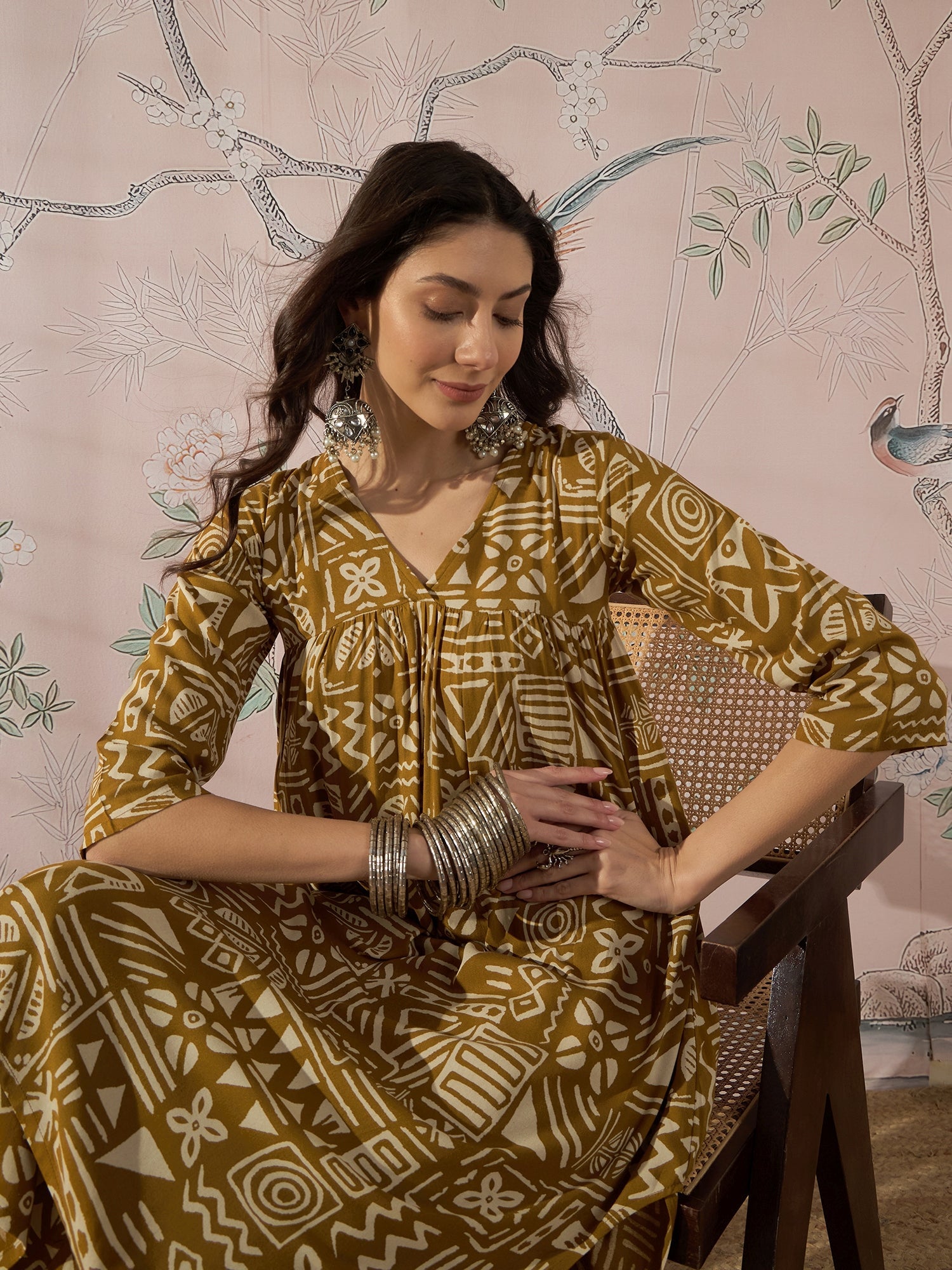 InWeave Dark Yellow Ethnic Flared Kurta Set - Distacart