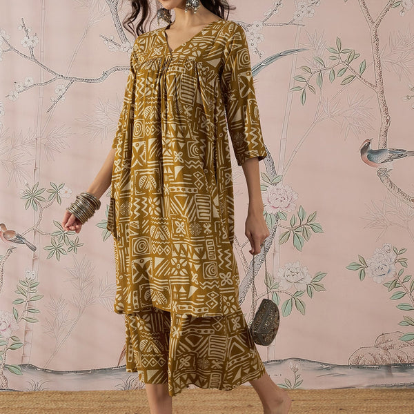 InWeave Dark Yellow Ethnic Flared Kurta Set - Distacart
