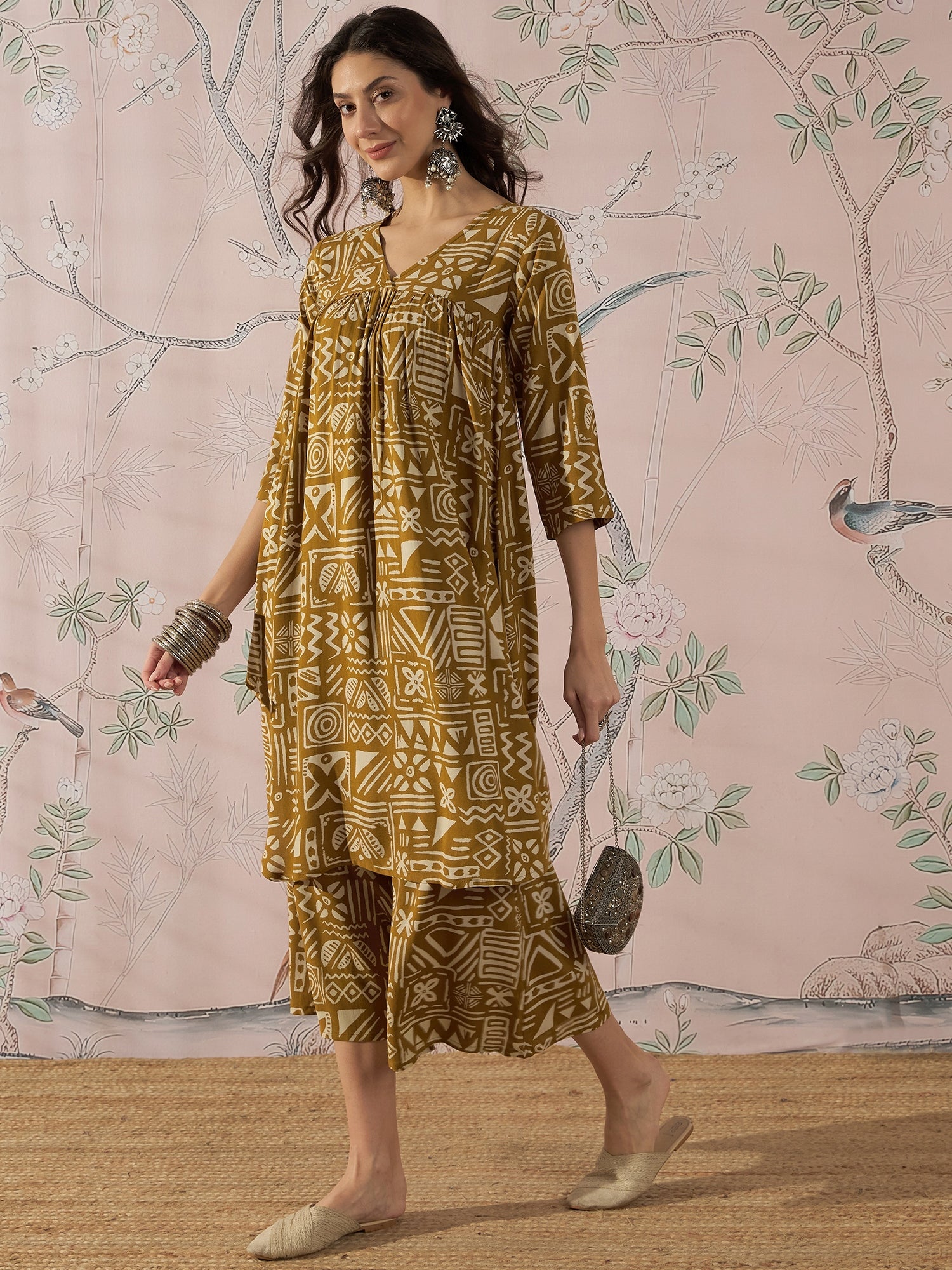 InWeave Dark Yellow Ethnic Flared Kurta Set - Distacart