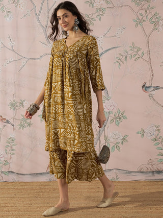InWeave Dark Yellow Ethnic Flared Kurta Set - Distacart