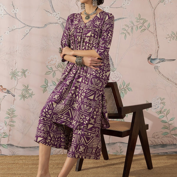 InWeave Dusty Mauve Ethnic Flared Kurta Set - Distacart