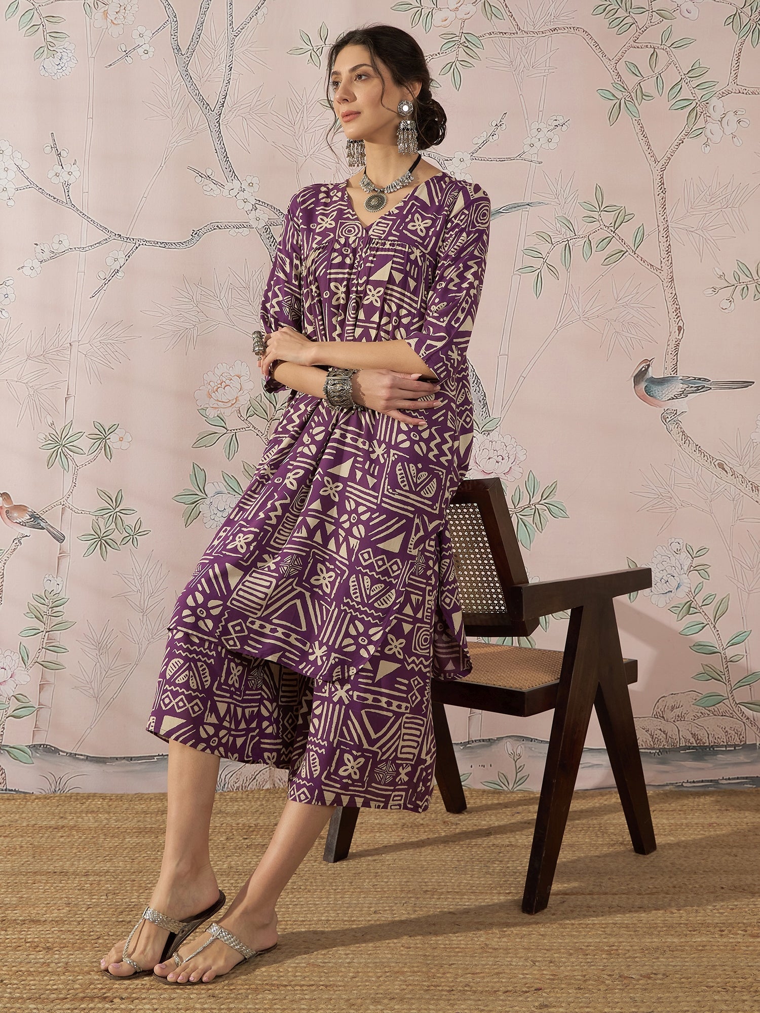 InWeave Dusty Mauve Ethnic Flared Kurta Set - Distacart