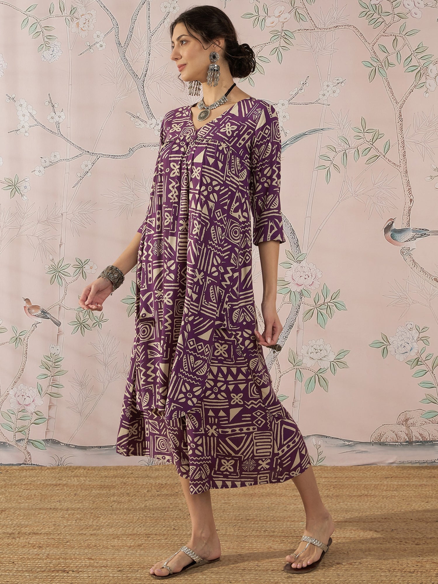 InWeave Dusty Mauve Ethnic Flared Kurta Set - Distacart