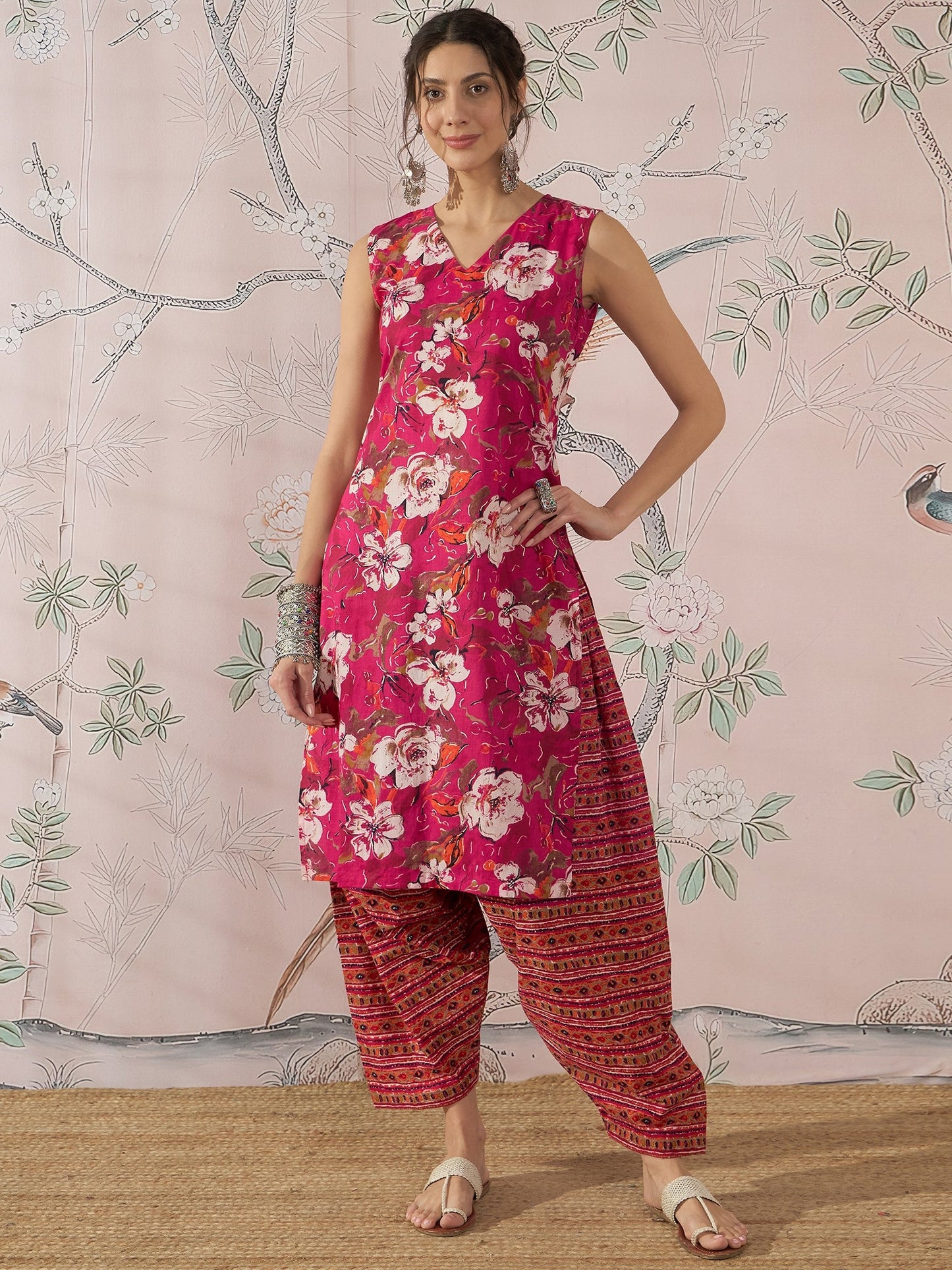 InWeave Dark Pink Cream Kurta Dhoti Set - Distacart