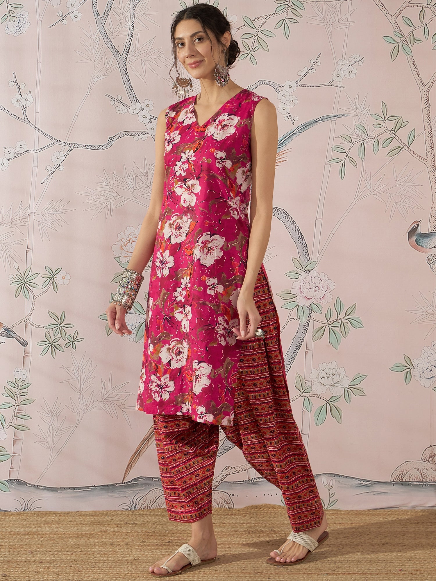 InWeave Dark Pink Cream Kurta Dhoti Set - Distacart