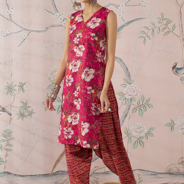 InWeave Dark Pink Cream Kurta Dhoti Set - Distacart