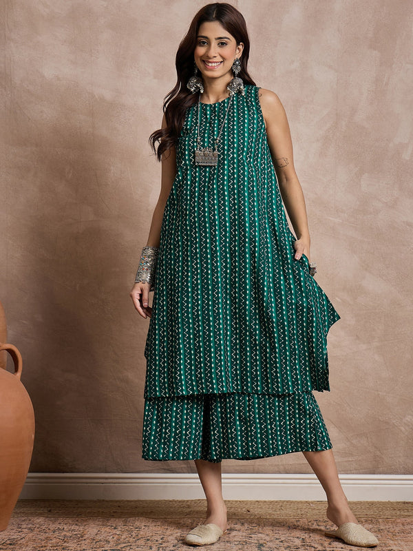 InWeave Teal Zig Zag Round Neck Kurta Set