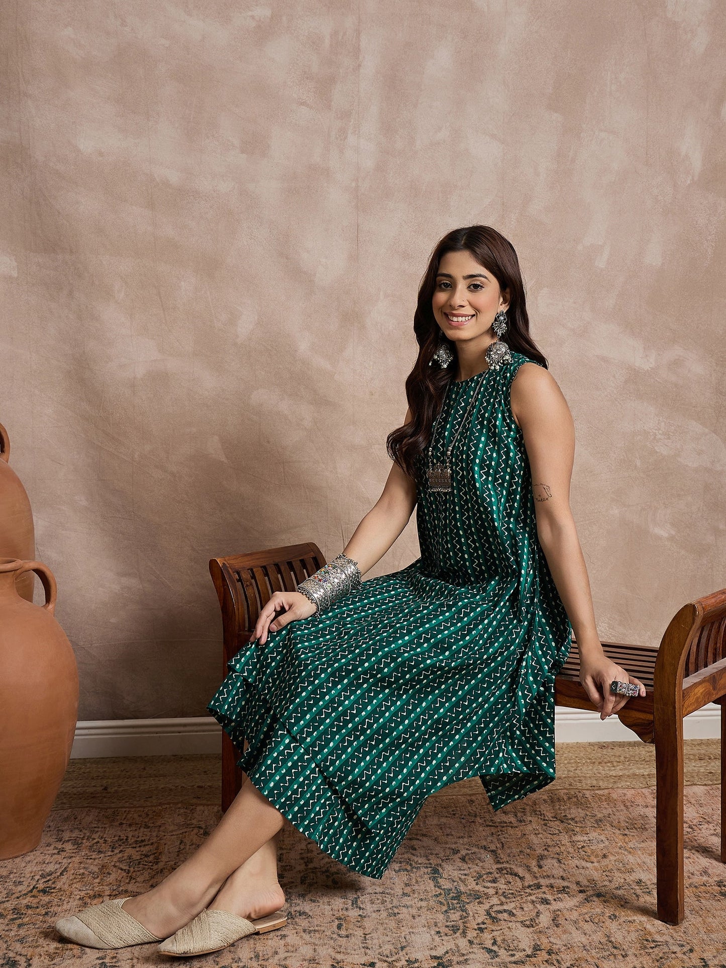 InWeave Teal Zig Zag Round Neck Kurta Set - Distacart