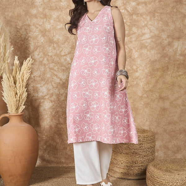 InWeave Pastel Peach V Neck Aline Kurta Set - Distacart