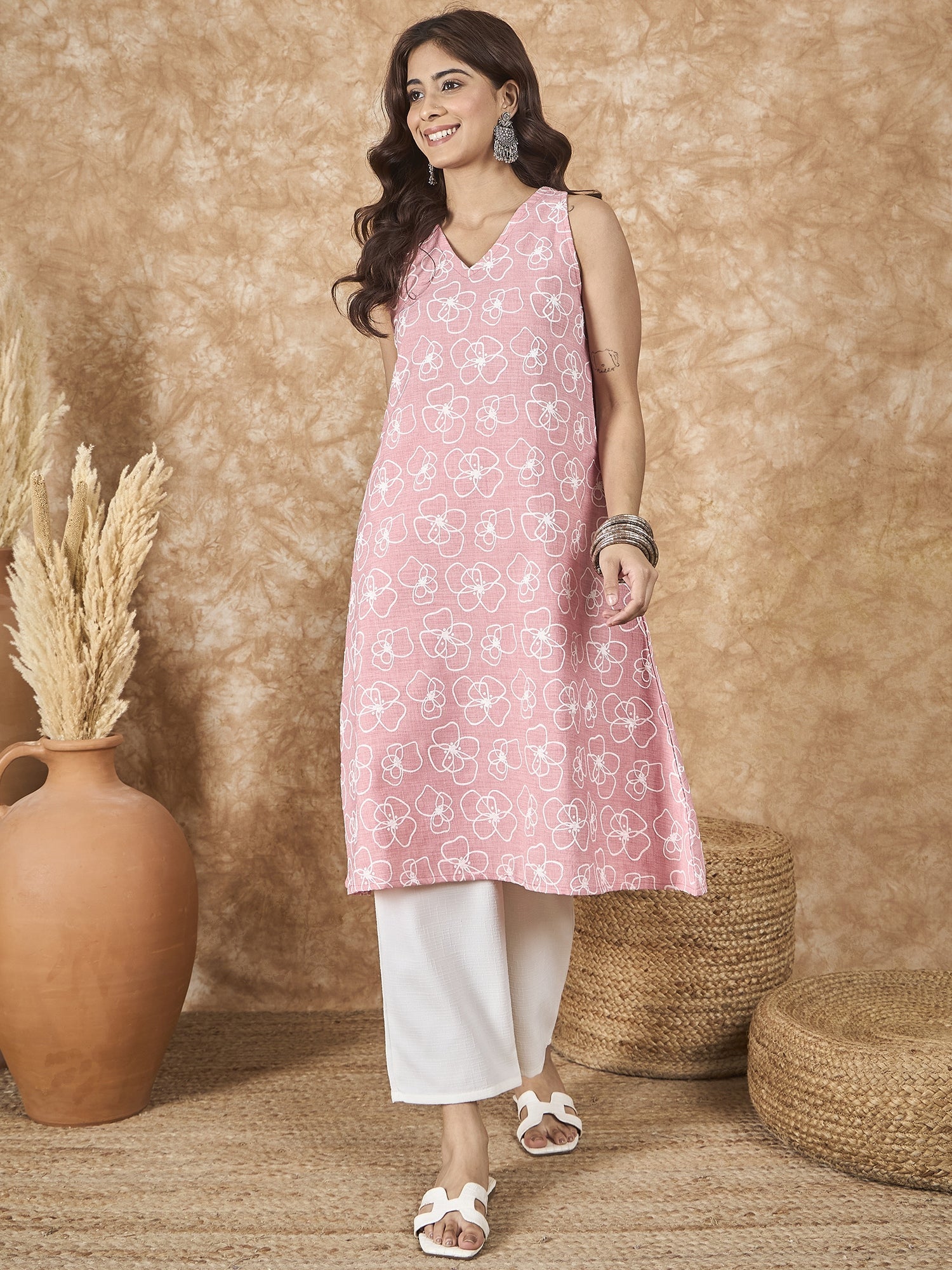 InWeave Pastel Peach V Neck Aline Kurta Set - Distacart