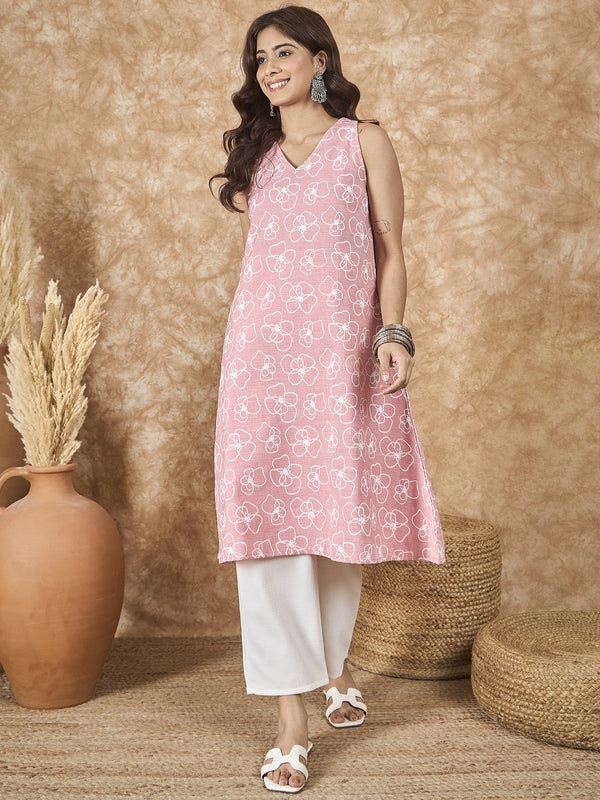 InWeave Pastel Peach V Neck Aline Kurta Set