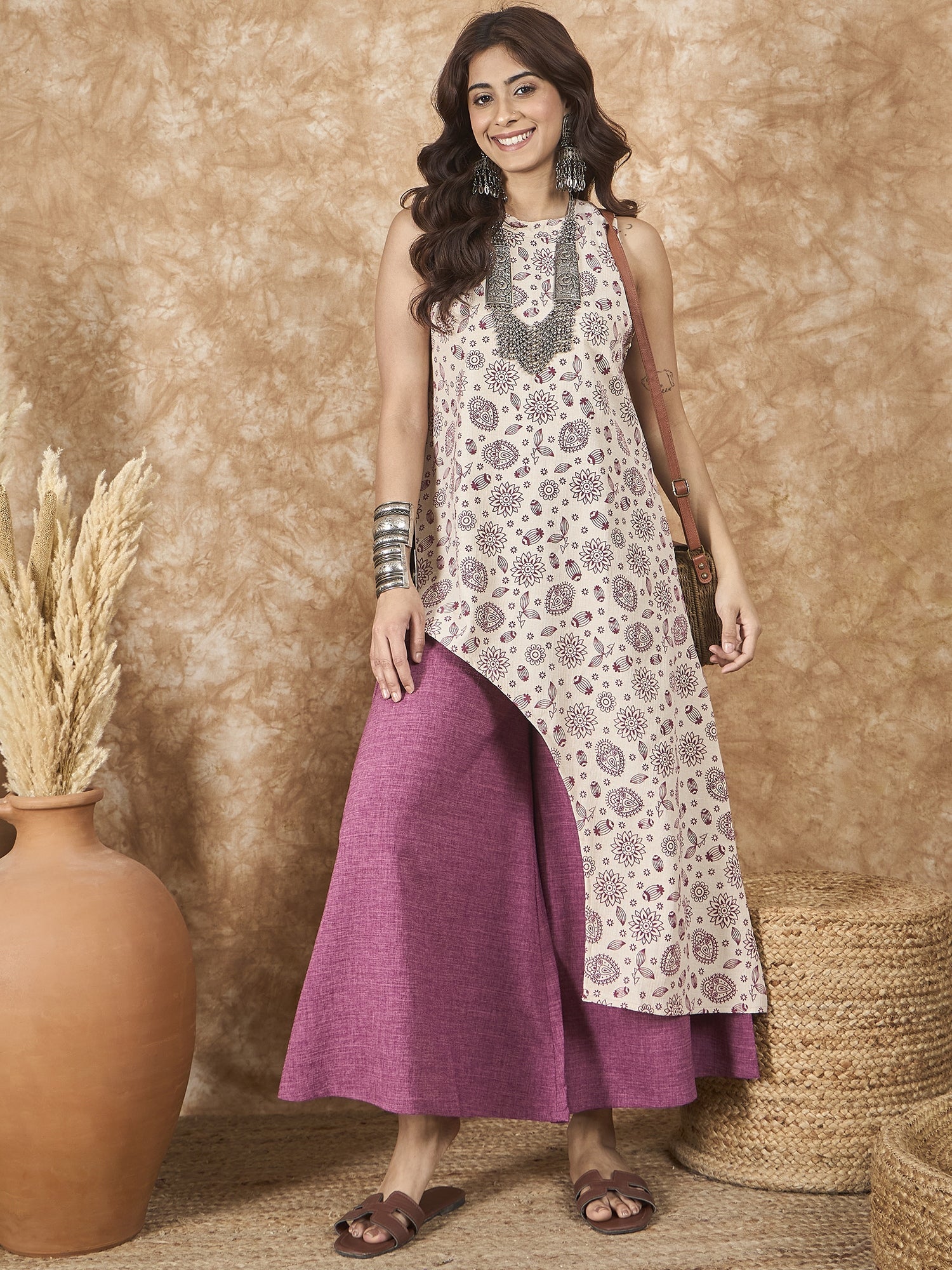 InWeave Dusty Mauve Side Asymmetric Kurta Set - Distacart
