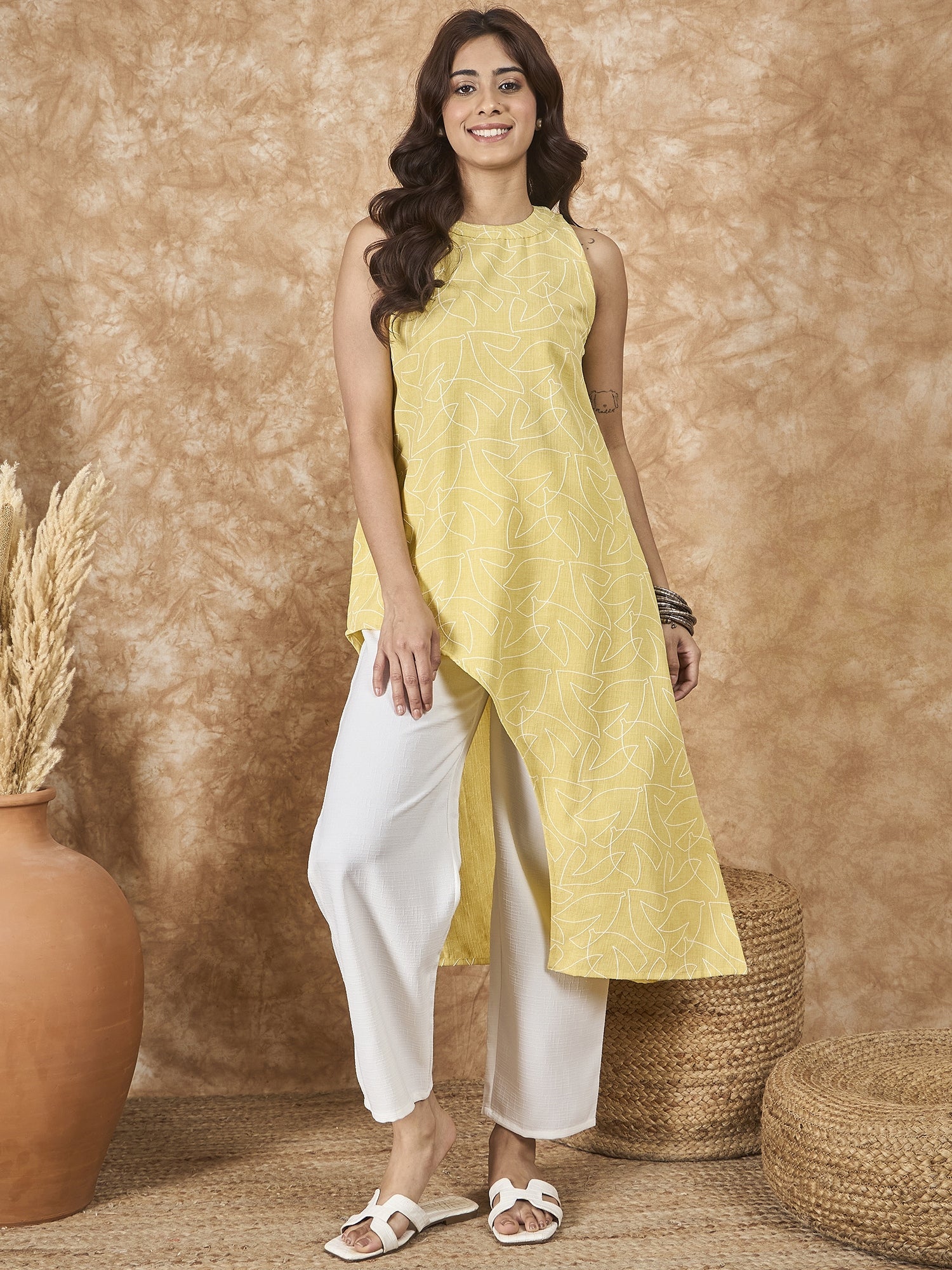 InWeave Light Yellow Side Asymmetric Kurta Set