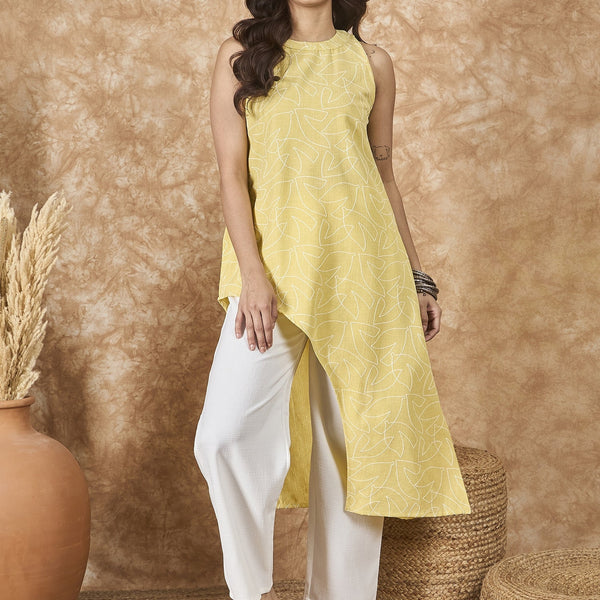 InWeave Light Yellow Side Asymmetric Kurta Set - Distacart