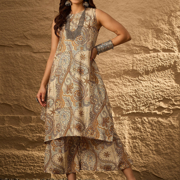 InWeave Beige Paisley Flower R Neck Kurta Set - Distacart