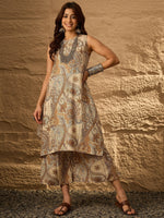 Thumbnail for InWeave Beige Paisley Flower R Neck Kurta Set