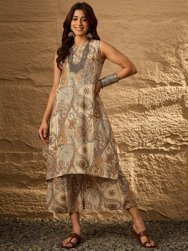 InWeave Beige Paisley Flower R Neck Kurta Set