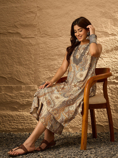 InWeave Beige Paisley Flower R Neck Kurta Set - Distacart