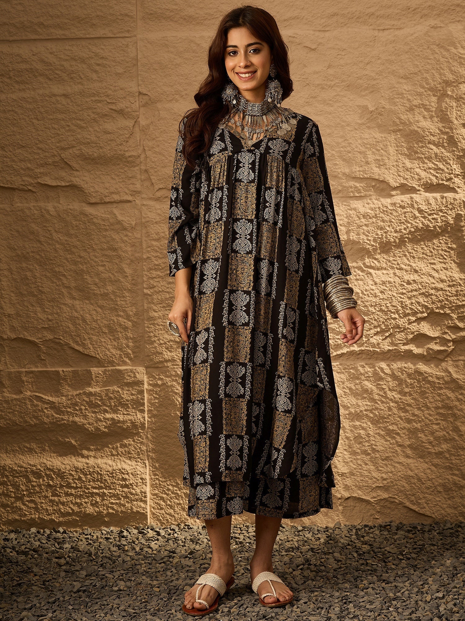 InWeave Black Golden Beige V-Flared Kurta Set