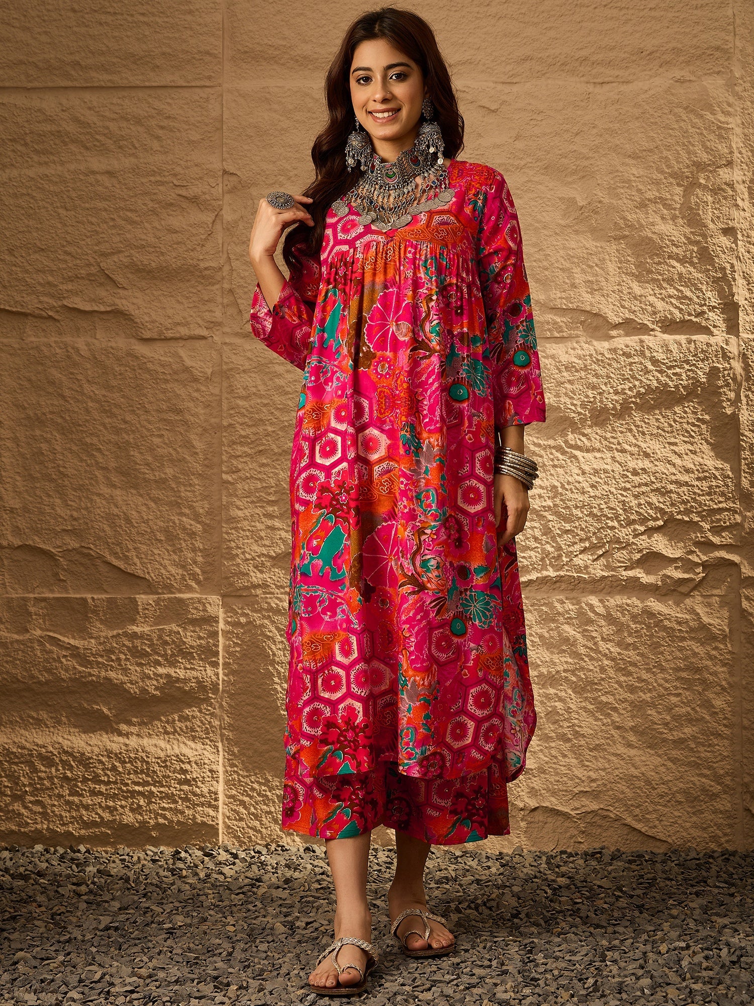 InWeave Fuchsia Orange V-Flared Kurta Set - Distacart