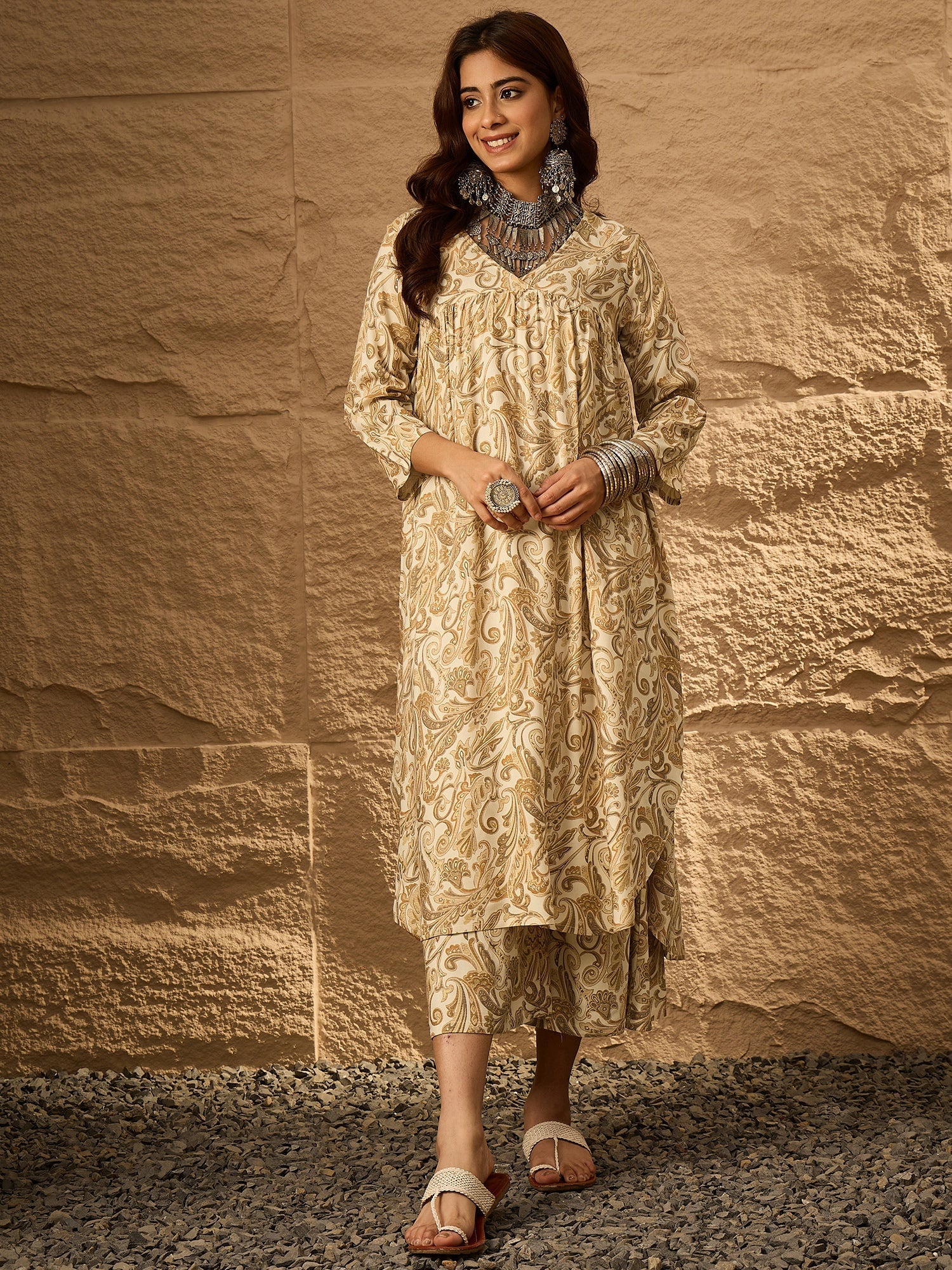 InWeave Off White Swirl V-Flared Kurta Set