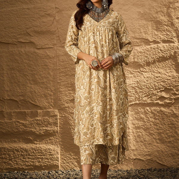 InWeave Off White Swirl V-Flared Kurta Set - Distacart