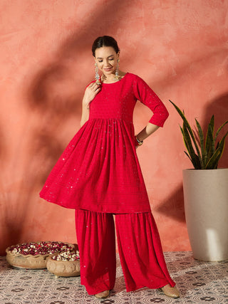 InWeave Red Chikankari Anarkali Kurta Sharara Set - Distacart