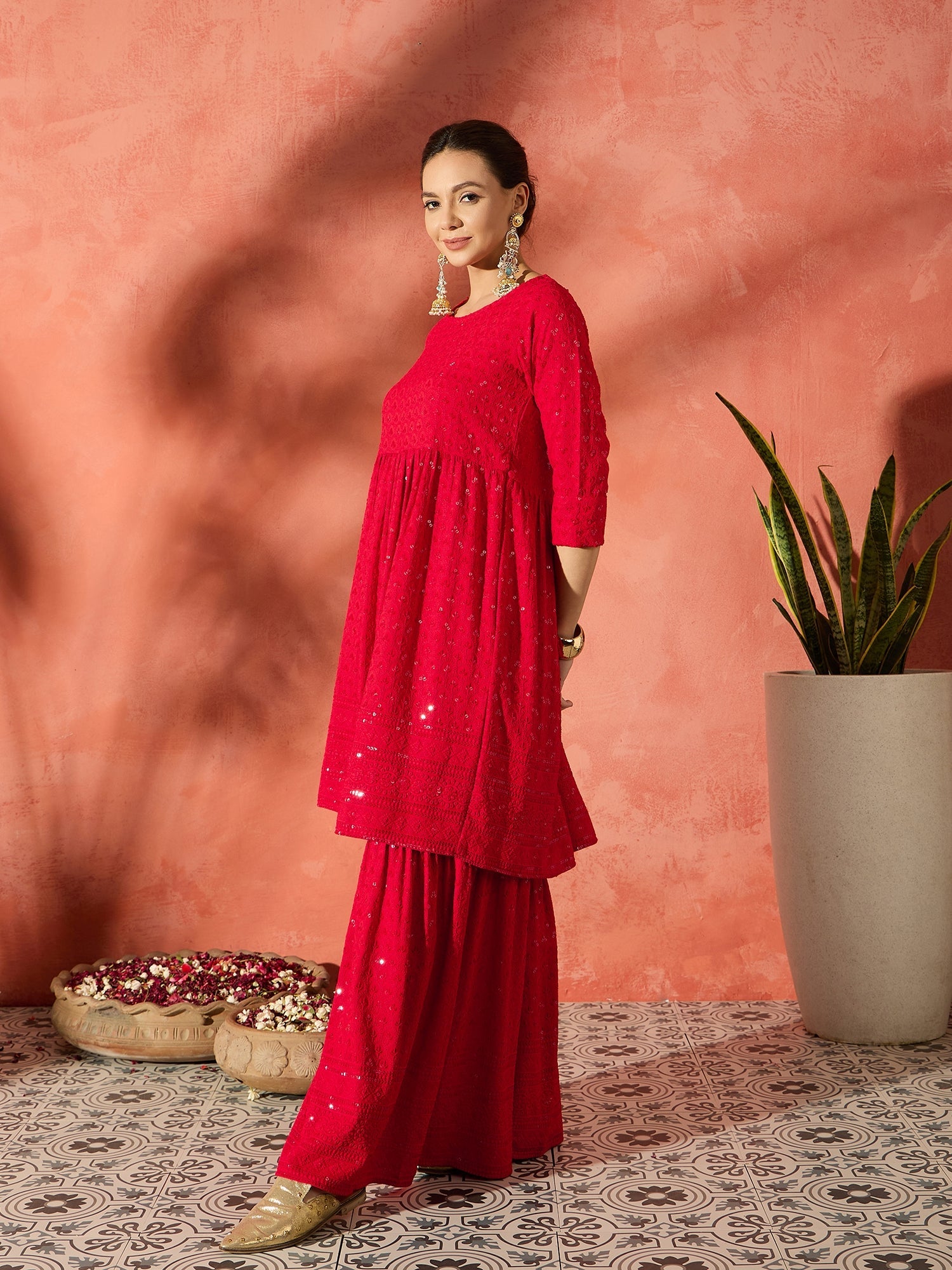 InWeave Red Chikankari Anarkali Kurta Sharara Set - Distacart