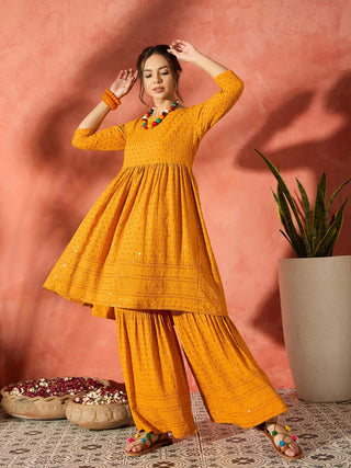 InWeave Mustard Chikankari Anarkali Kurta Sharara Set - Distacart