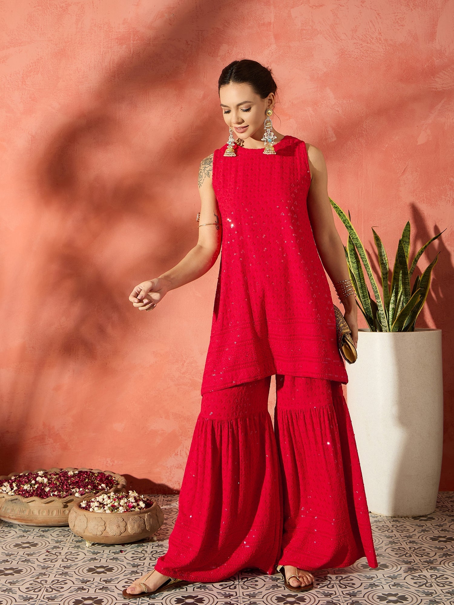 InWeave Red Chikankari Short Kurta Set - Distacart