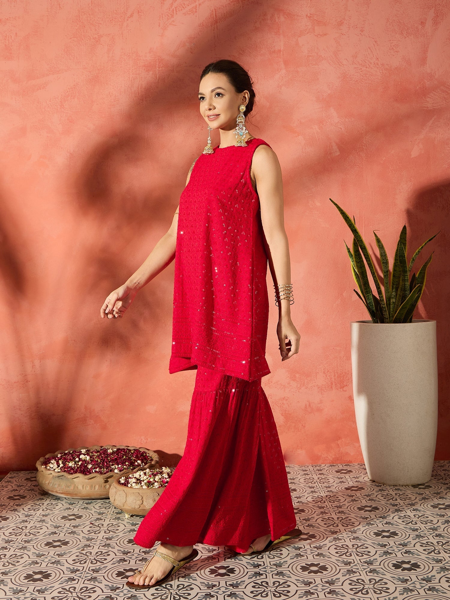 InWeave Red Chikankari Short Kurta Set - Distacart