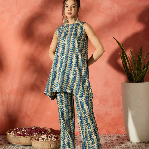 InWeave Teal Leaf Zig Zag Foil W/S Kurta Pant Set - Distacart