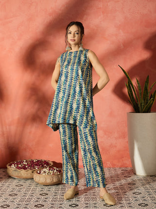 InWeave Teal Leaf Zig Zag Foil W/S Kurta Pant Set - Distacart