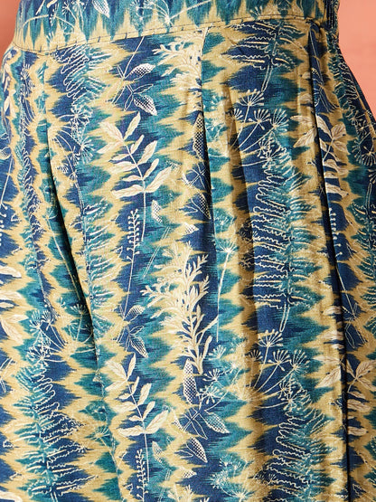 InWeave Teal Leaf Zig Zag Foil W/S Kurta Pant Set - Distacart