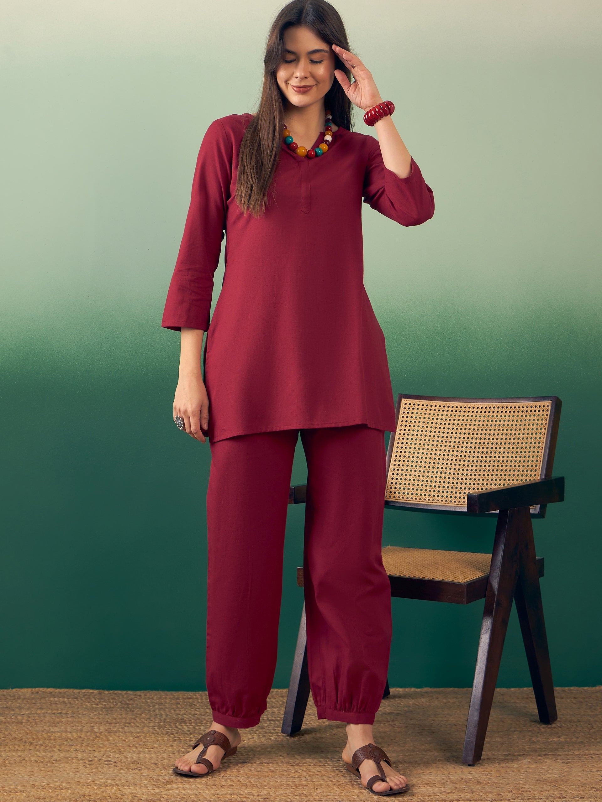 InWeave Burgundy Solid V Neck Short Kurta Pant Set - Distacart