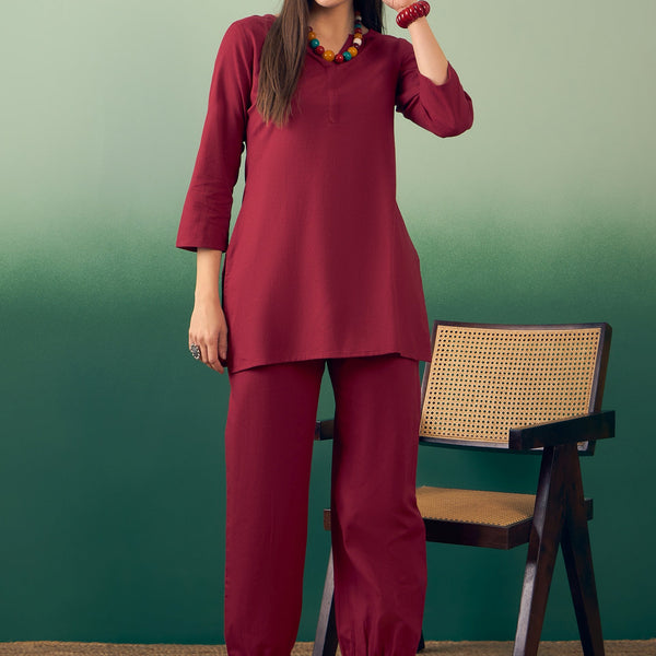 InWeave Burgundy Solid V Neck Short Kurta Pant Set - Distacart