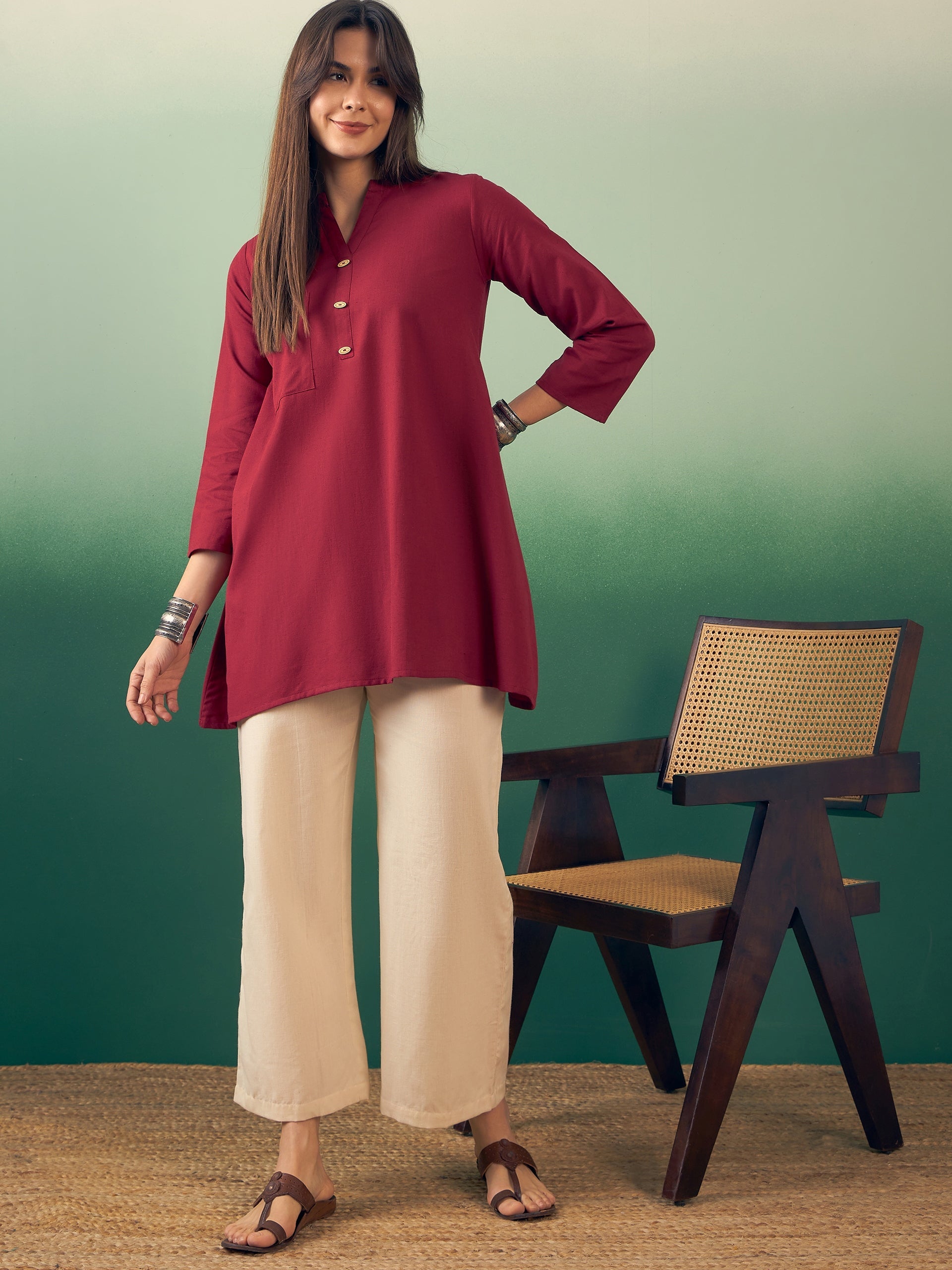 InWeave Burgundy Mandarin V Neck Button Kurta Cream Pant Set