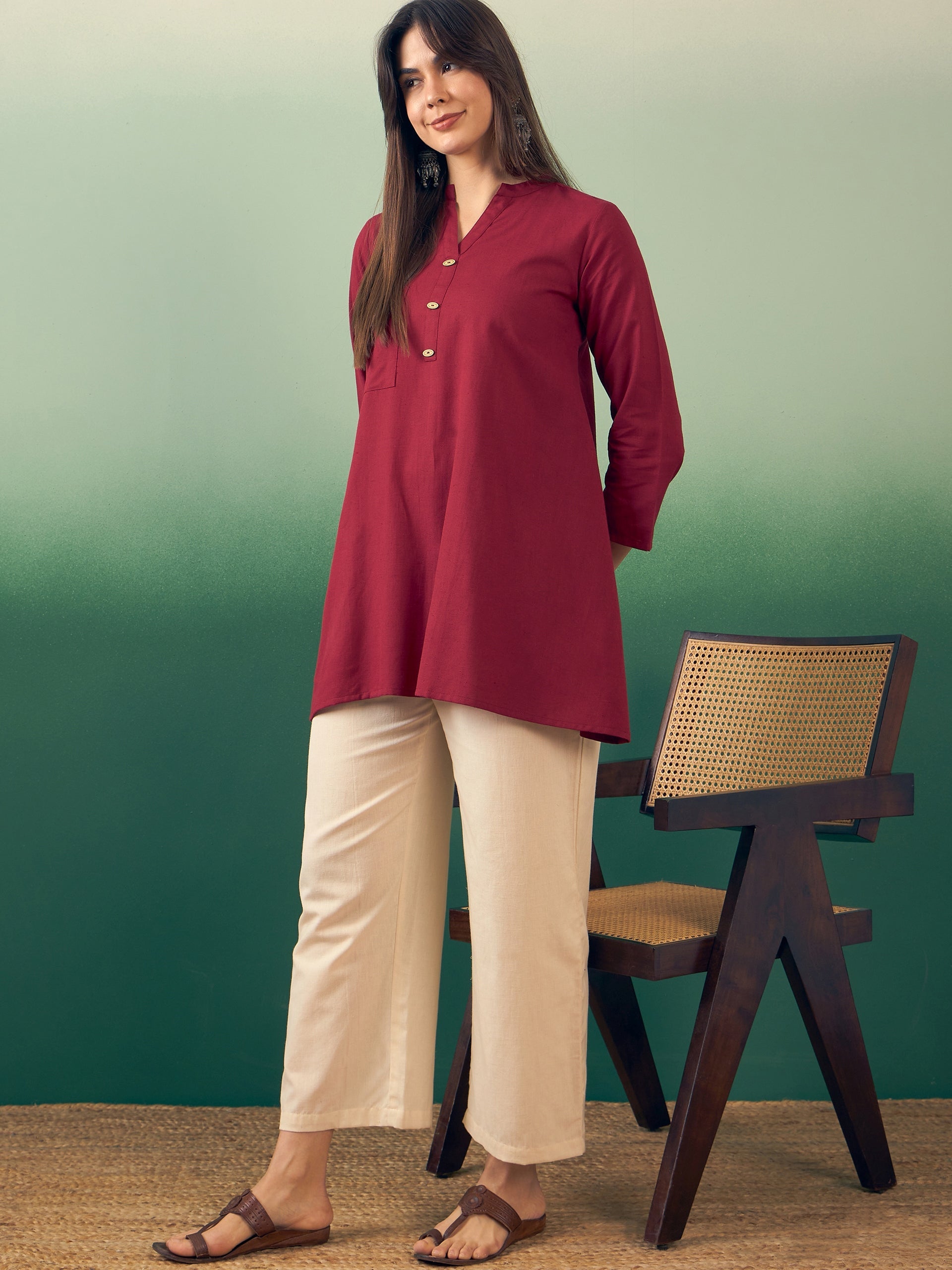 InWeave Burgundy Mandarin V Neck Button Kurta Cream Pant Set - Distacart