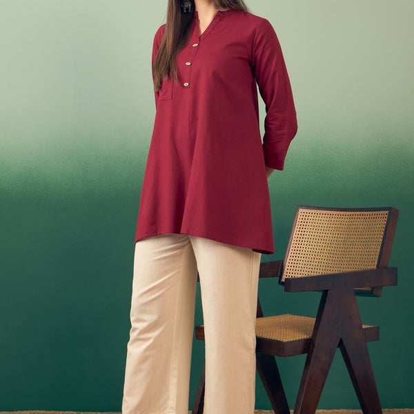 InWeave Burgundy Mandarin V Neck Button Kurta Cream Pant Set - Distacart