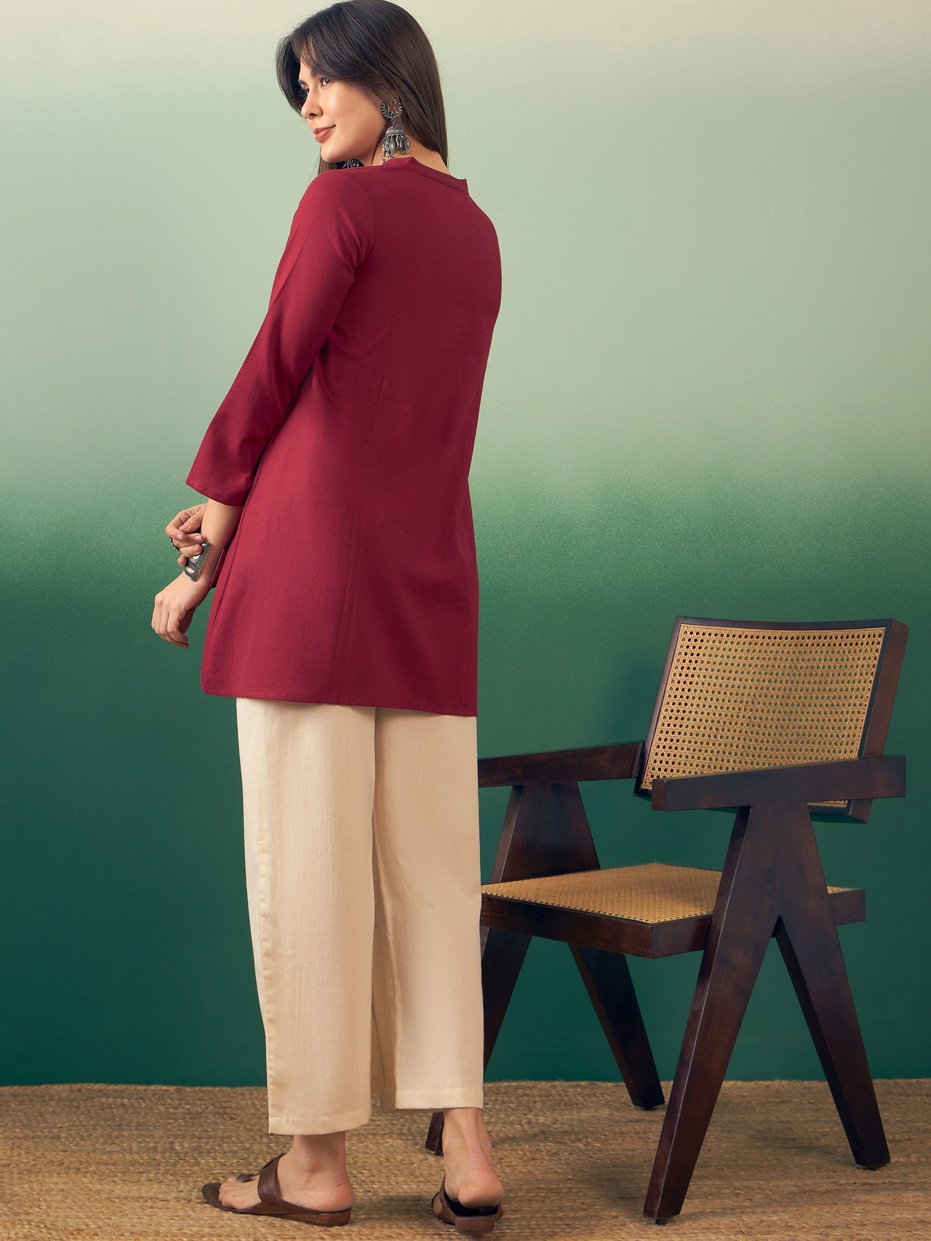 InWeave Burgundy Mandarin V Neck Button Kurta Cream Pant Set - Distacart