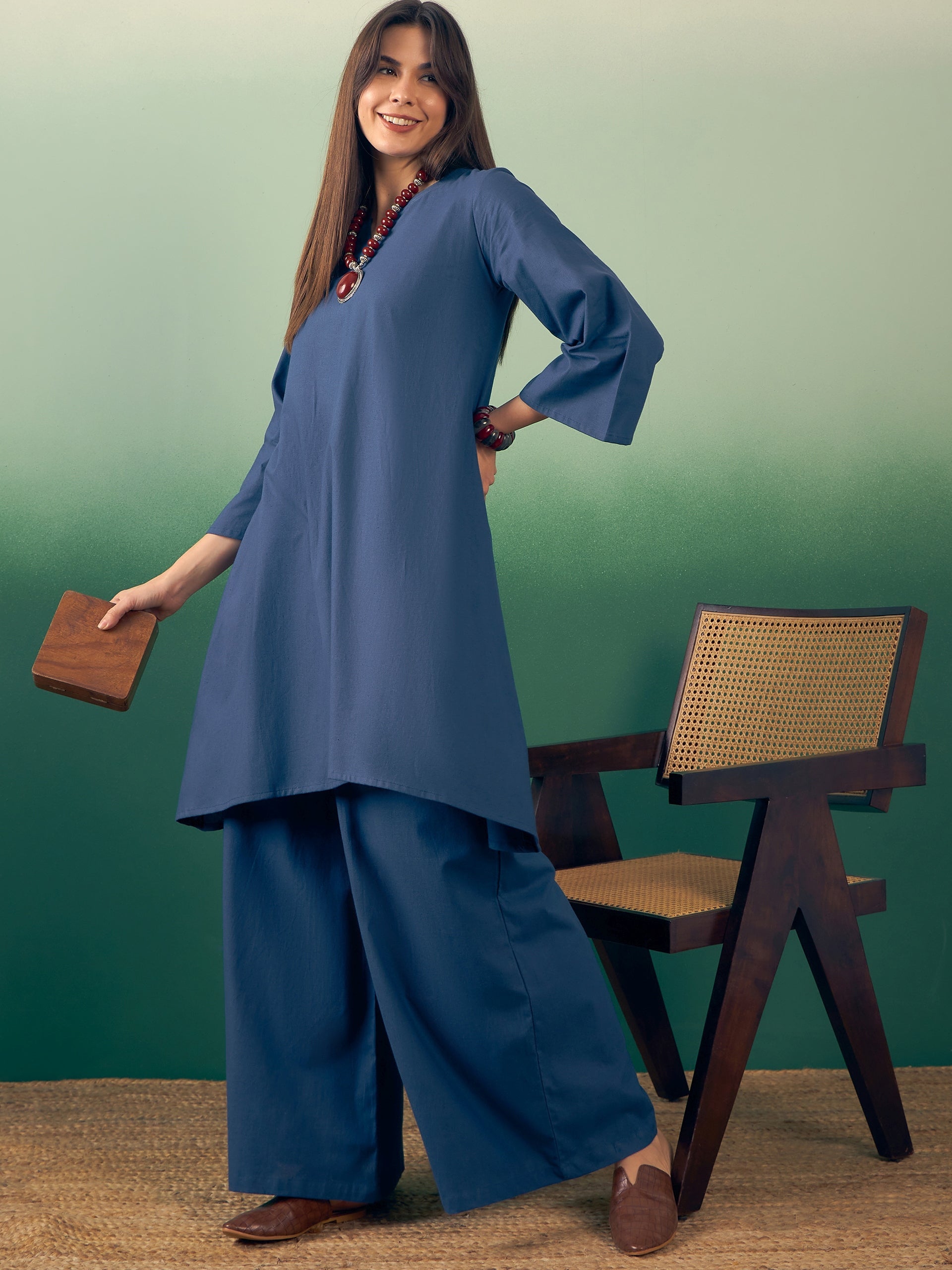 InWeave Midnight Blue Kurta Palazzo Set - Distacart