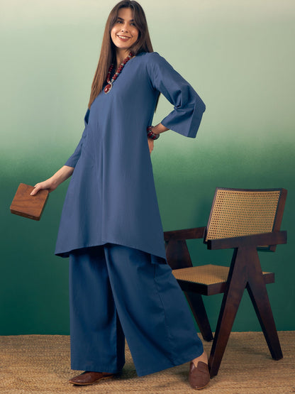 InWeave Midnight Blue Kurta Palazzo Set - Distacart