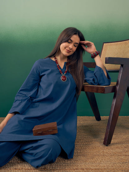 InWeave Midnight Blue Kurta Palazzo Set - Distacart