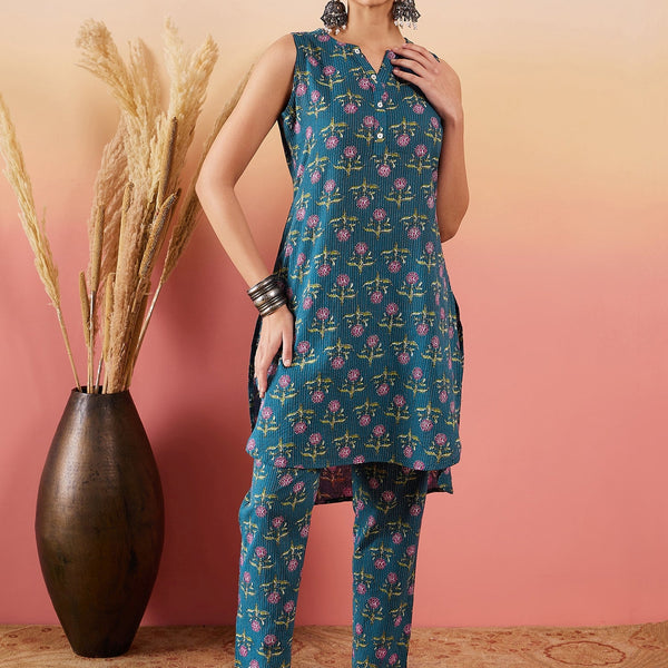 InWeave Teal Kantha Mandarin Kurta Set - Distacart