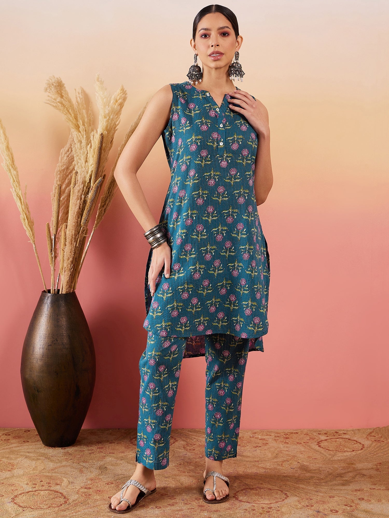 InWeave Teal Kantha Mandarin Kurta Set - Distacart