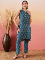 Thumbnail for InWeave Teal Kantha Mandarin Kurta Set