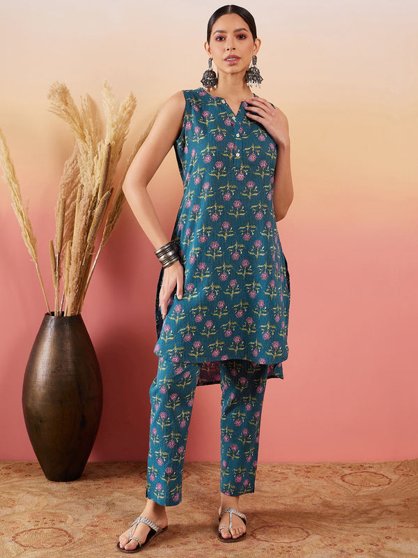 InWeave Teal Kantha Mandarin Kurta Set